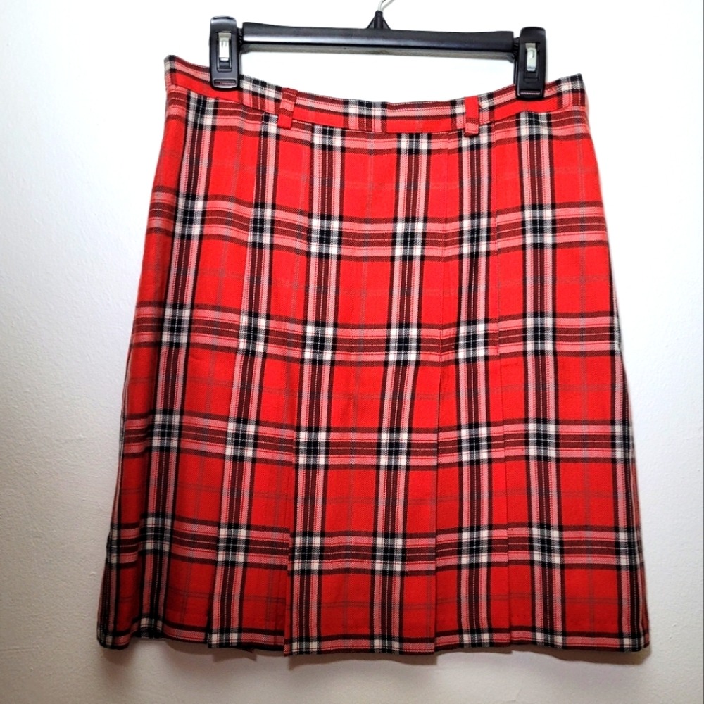 Classic Red Plaid Pleated Wool Short Skirt Vintage Excellent
